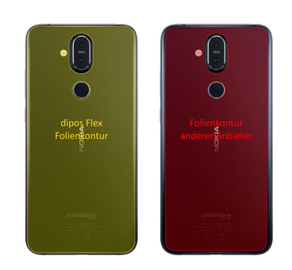 Nokia8.1 Rückseite mit aufgebrachter dipos Displayschutzfolie, glasklare Darstellung ohne Einschränkungen