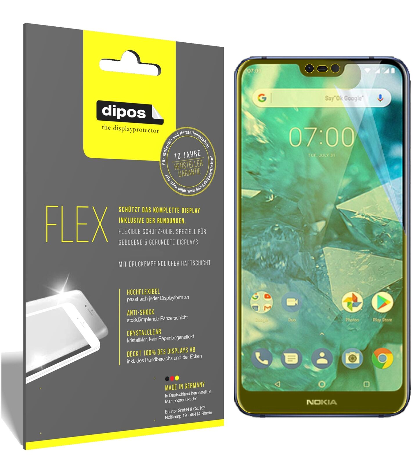 Nokia7.1 Plus mit aufgebrachter dipos Displayschutzfolie, glasklare Darstellung ohne Einschränkungen