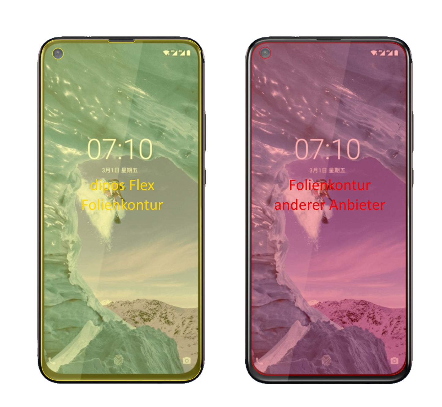 NokiaX71 mit aufgebrachter dipos Displayschutzfolie, glasklare Darstellung ohne Einschränkungen