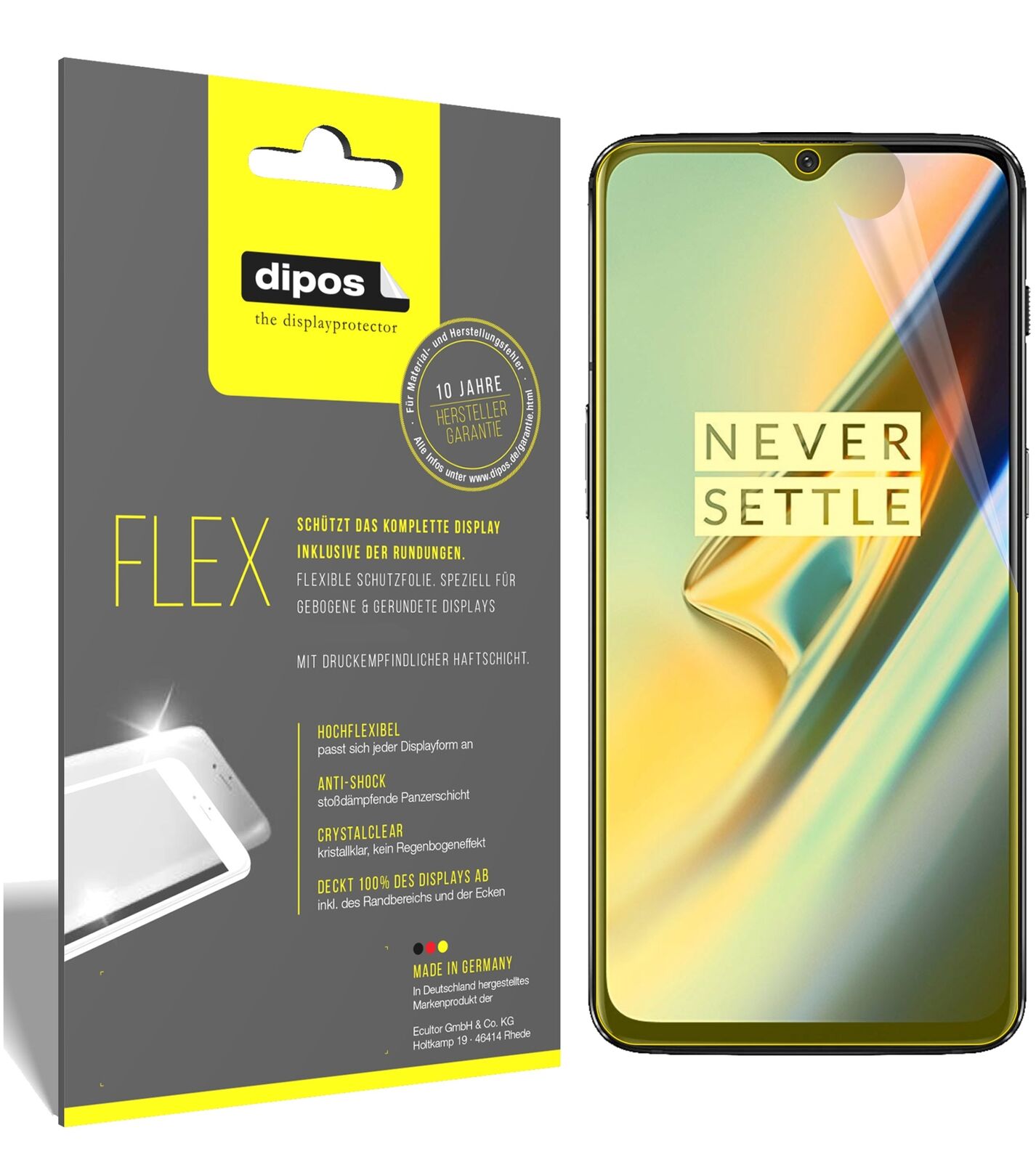 OnePlus6T mit aufgebrachter dipos Displayschutzfolie, glasklare Darstellung ohne Einschränkungen