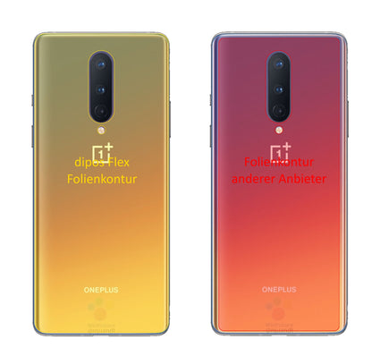 OnePlus8 Rückseite mit aufgebrachter dipos Displayschutzfolie, glasklare Darstellung ohne Einschränkungen