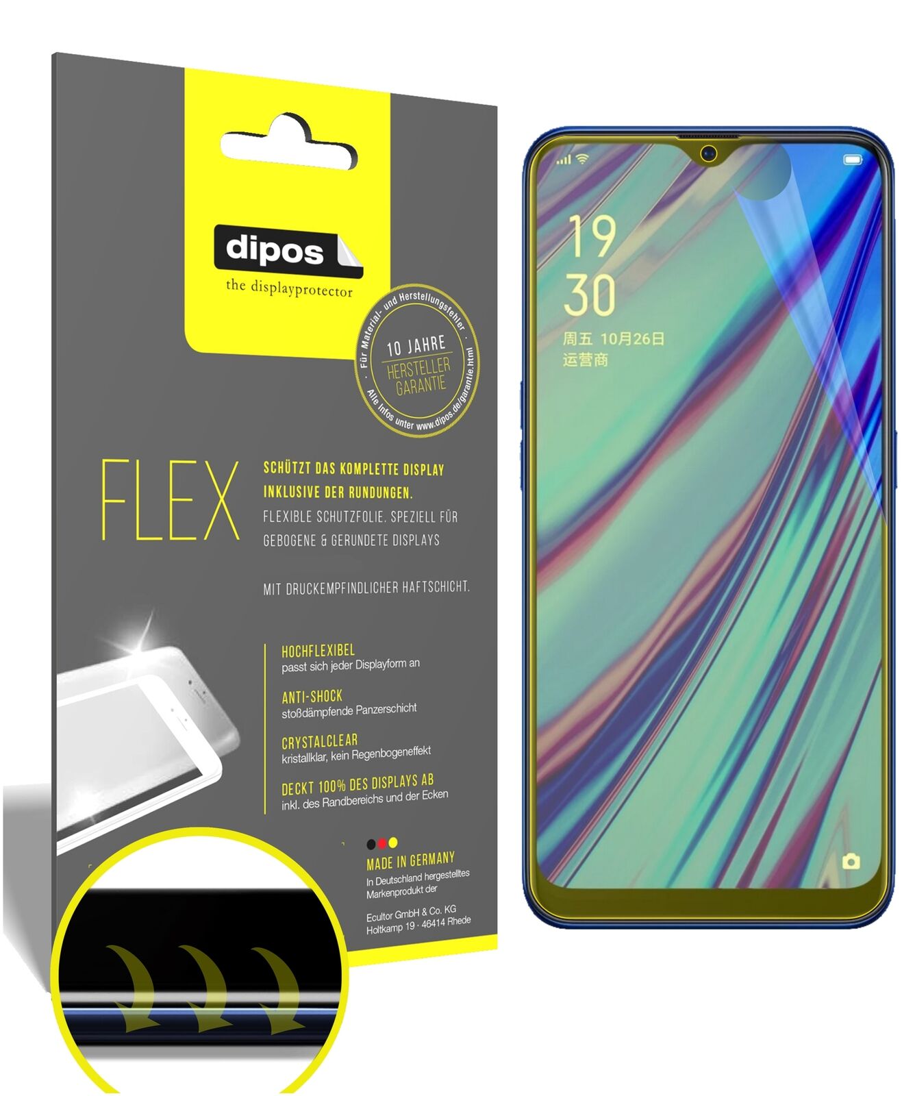 OppoA9 mit aufgebrachter dipos Displayschutzfolie, glasklare Darstellung ohne Einschränkungen