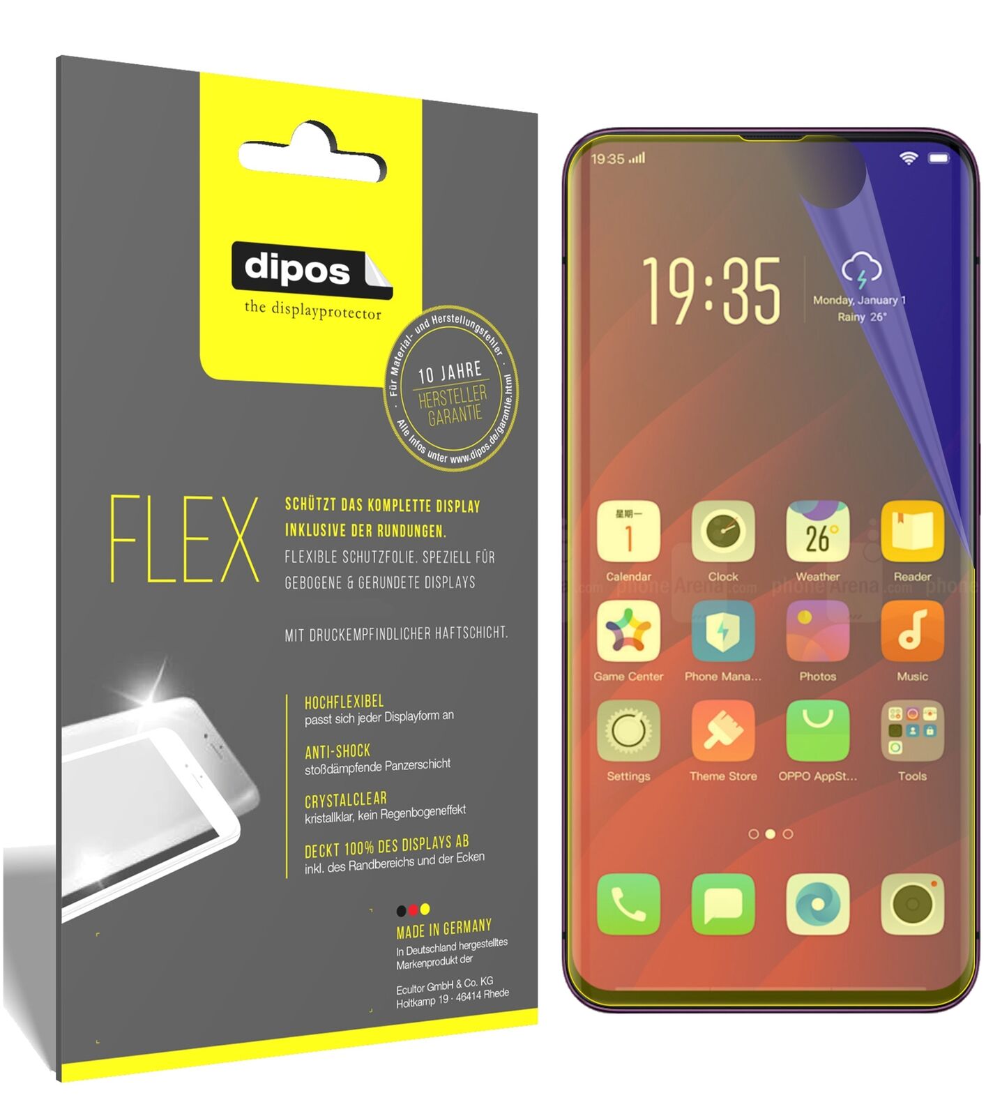 OppoFind X mit aufgebrachter dipos Displayschutzfolie, glasklare Darstellung ohne Einschränkungen
