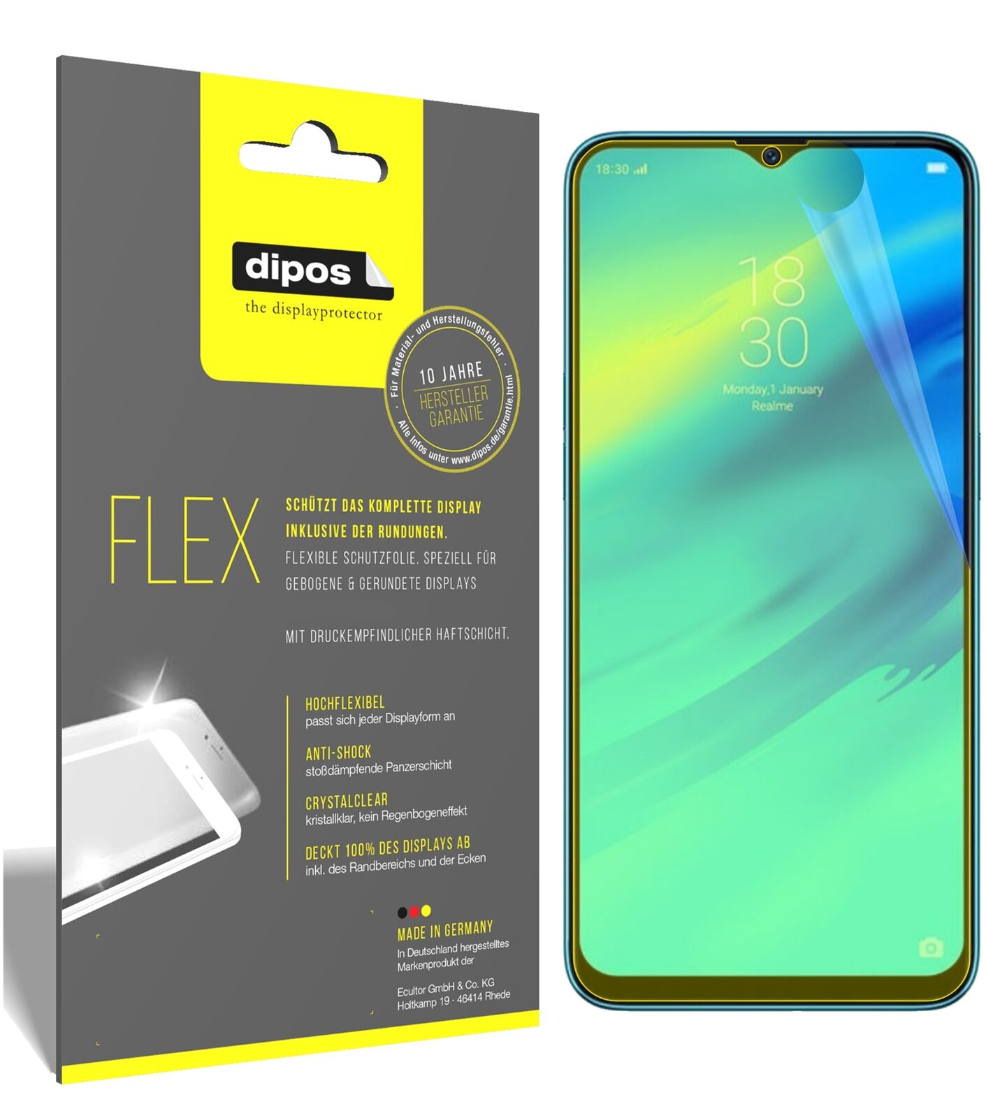 OppoRealme 2 Pro mit aufgebrachter dipos Displayschutzfolie, glasklare Darstellung ohne Einschränkungen