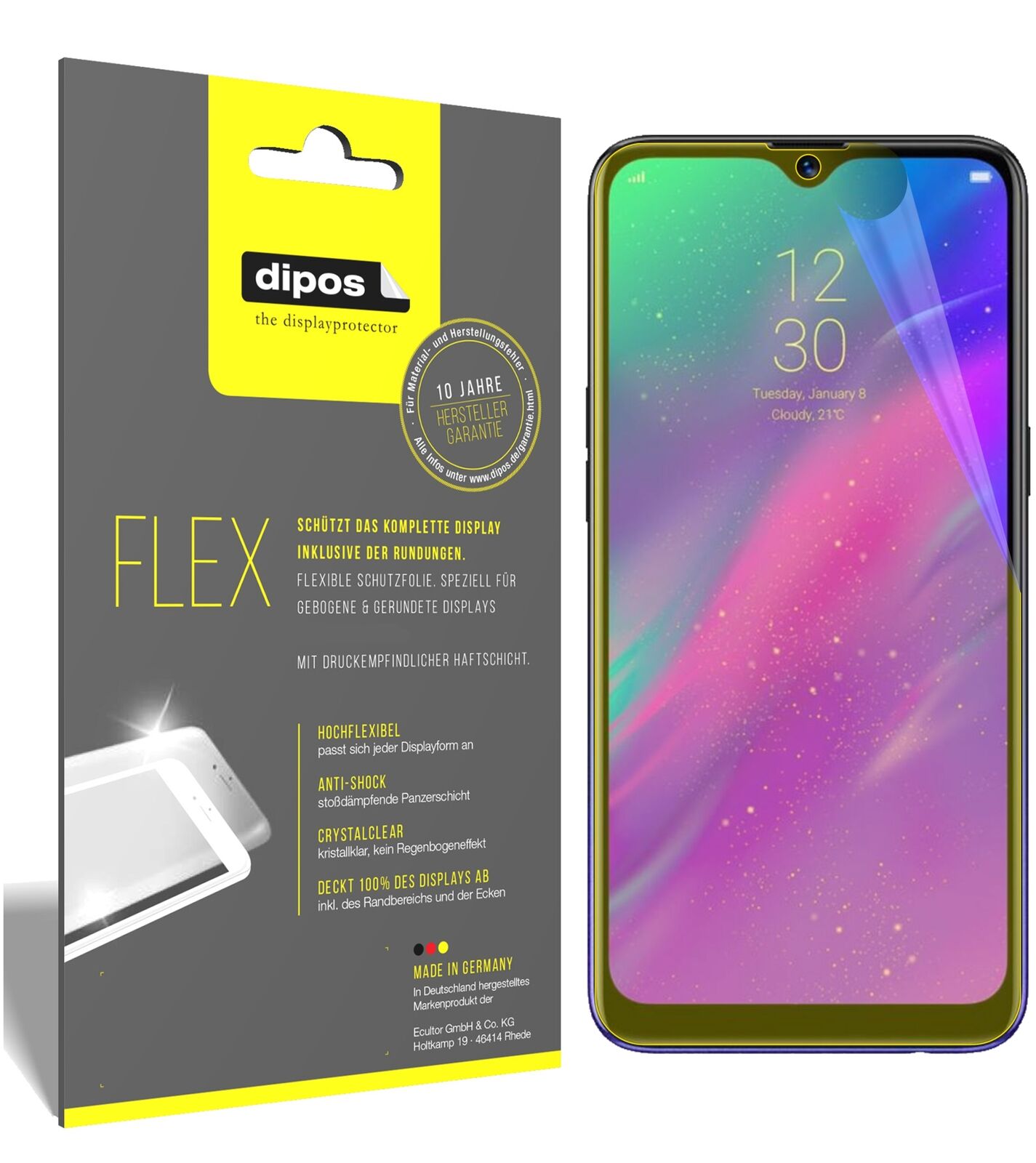 OppoRealme 3 mit aufgebrachter dipos Displayschutzfolie, glasklare Darstellung ohne Einschränkungen