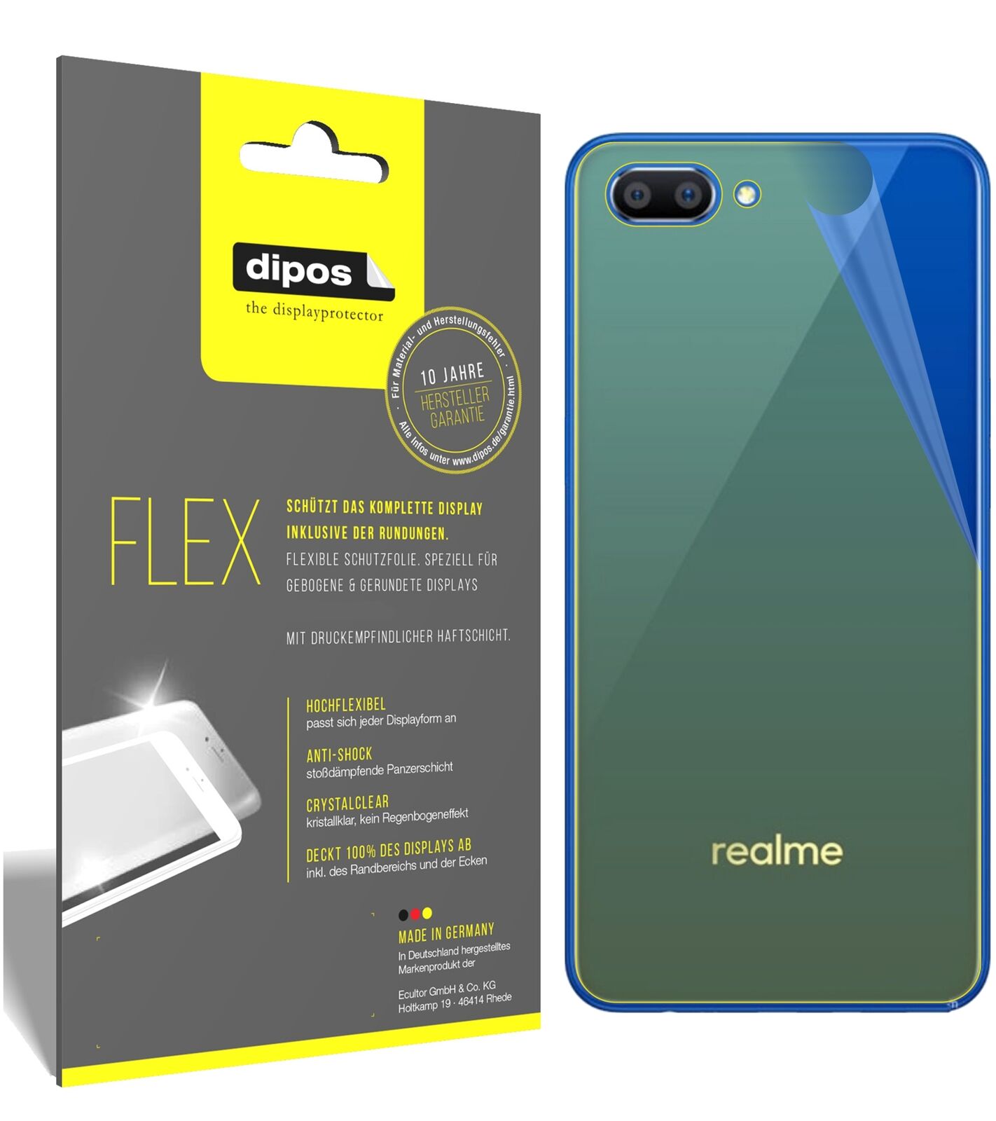 OppoRealme C1 Rückseite mit aufgebrachter dipos Displayschutzfolie, glasklare Darstellung ohne Einschränkungen