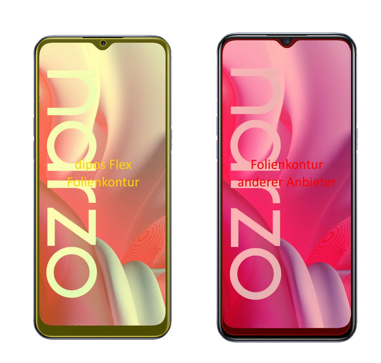 OppoRealme Narzo 20 mit aufgebrachter dipos Displayschutzfolie, glasklare Darstellung ohne Einschränkungen