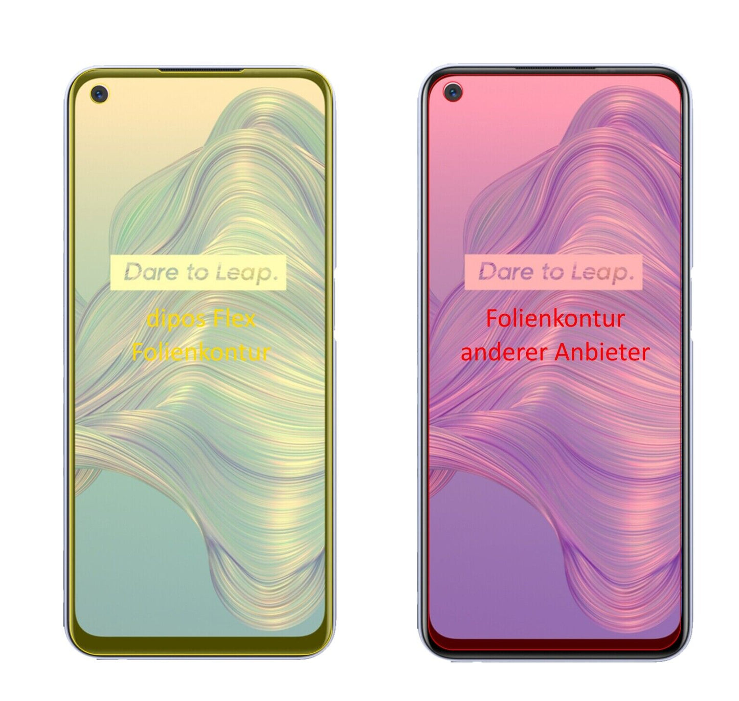 OppoRealme V5 5G mit aufgebrachter dipos Displayschutzfolie, glasklare Darstellung ohne Einschränkungen
