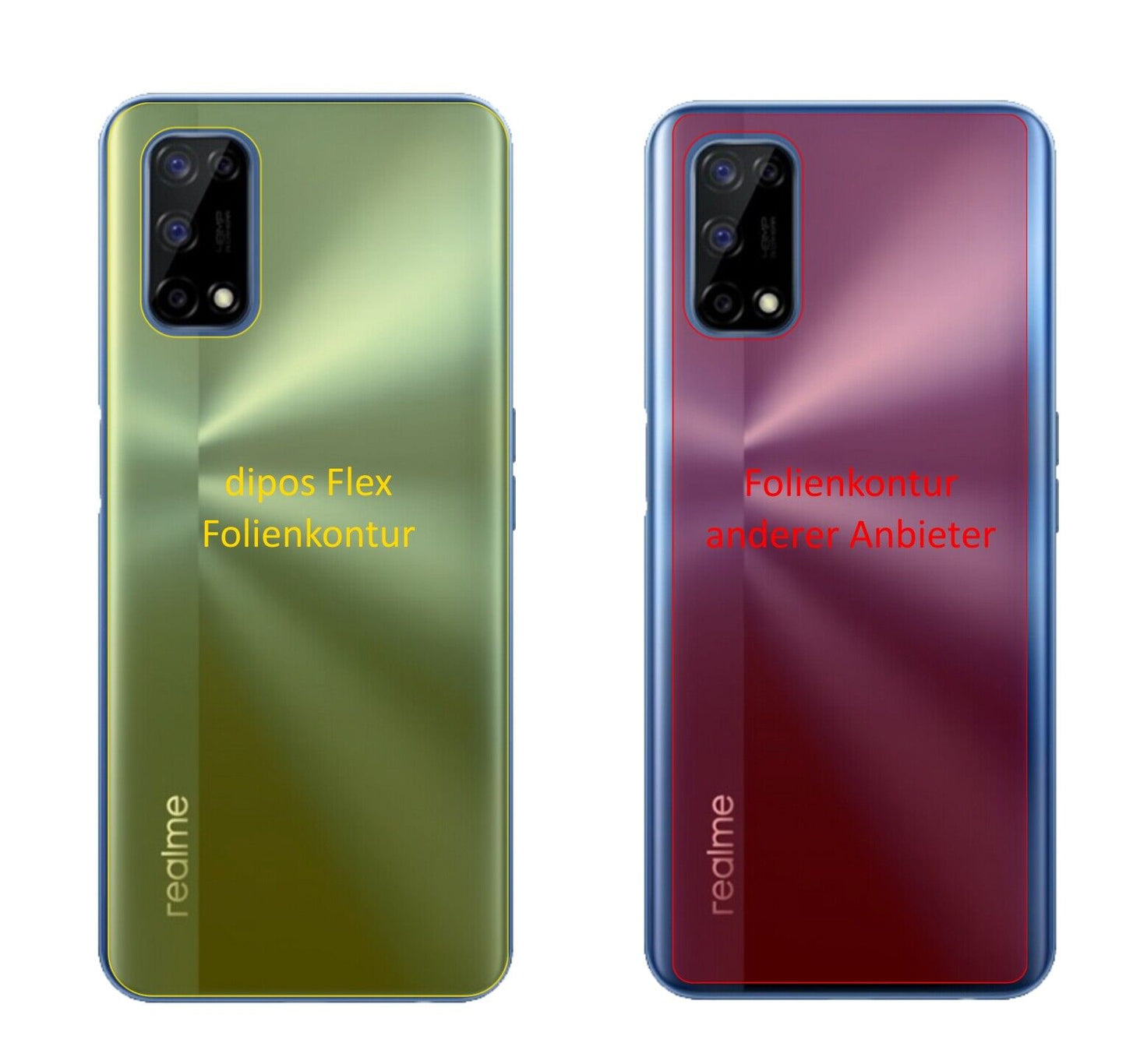 OppoRealme V5 5G Rückseite mit aufgebrachter dipos Displayschutzfolie, glasklare Darstellung ohne Einschränkungen