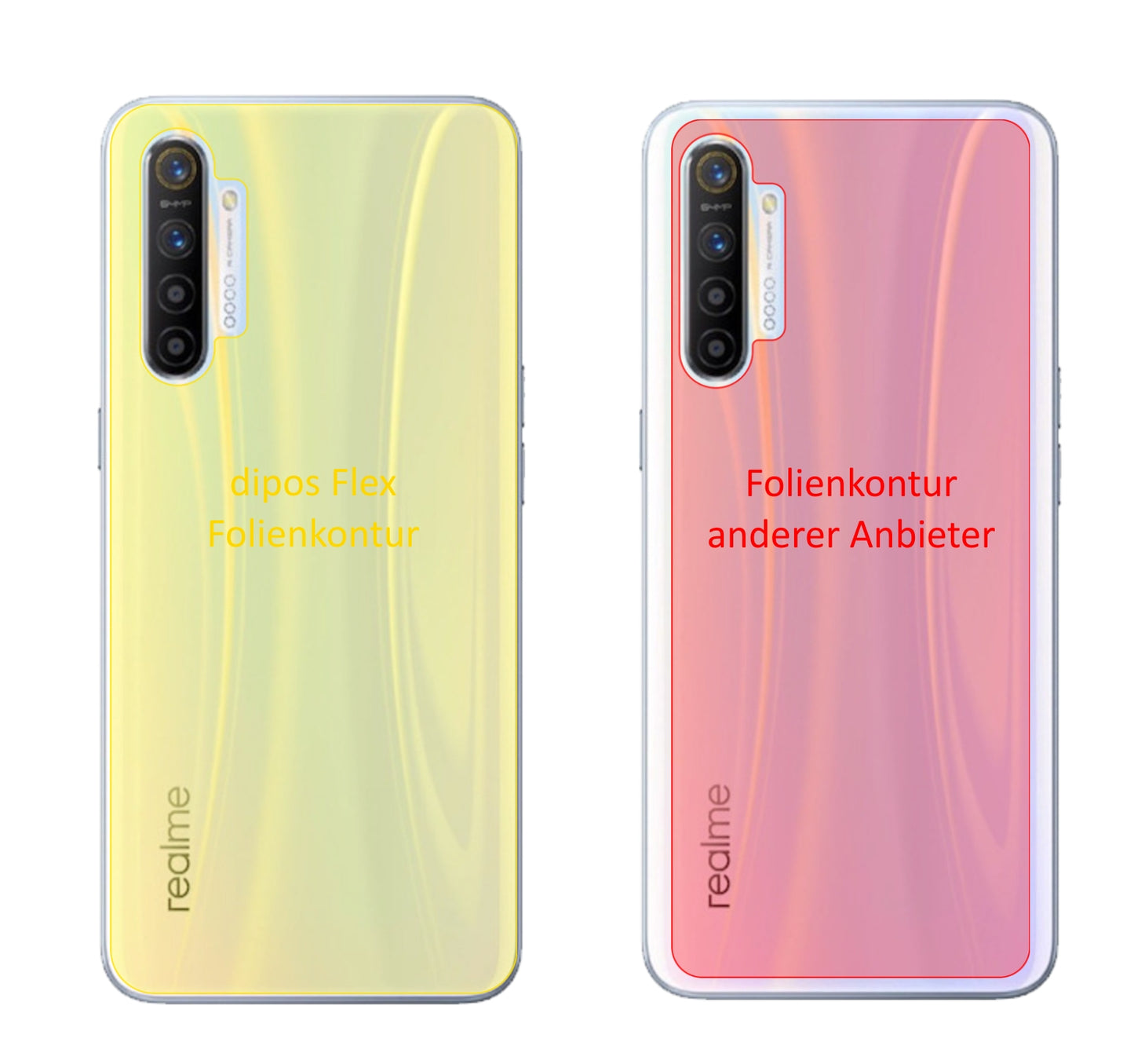 OppoRealme XT Rückseite mit aufgebrachter dipos Displayschutzfolie, glasklare Darstellung ohne Einschränkungen