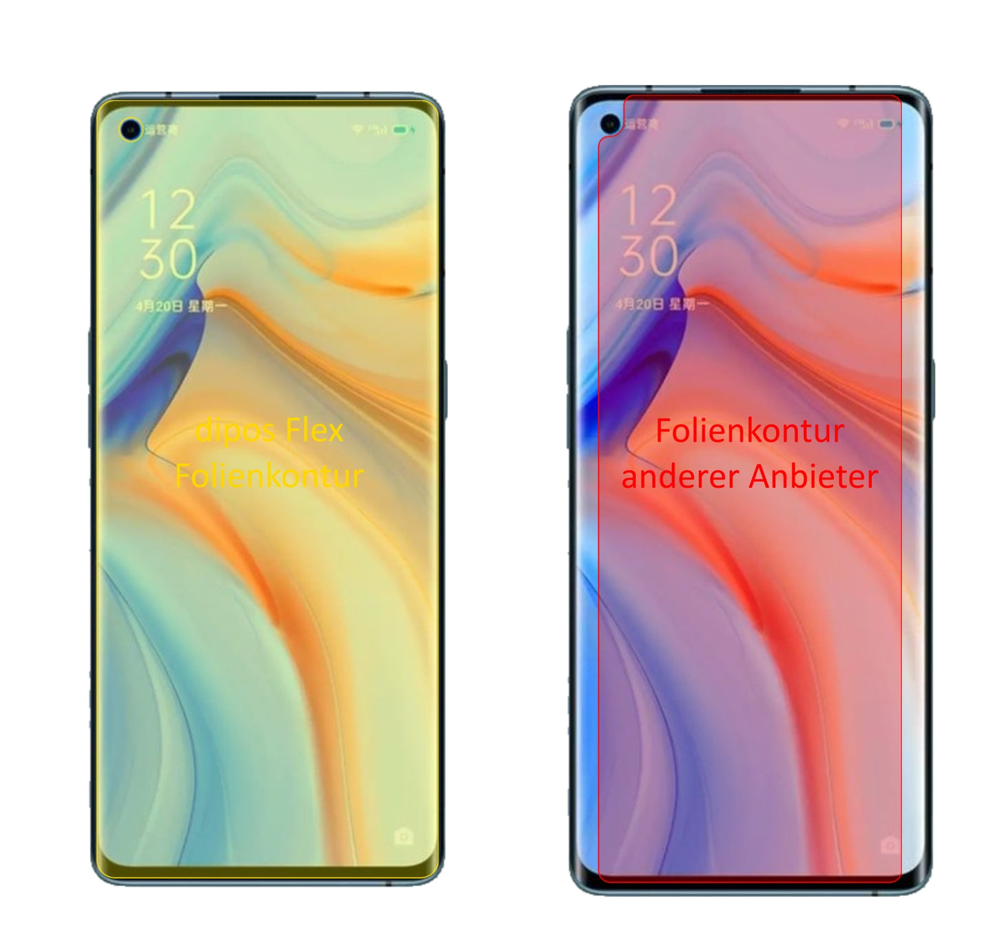 OppoReno 4 Pro mit aufgebrachter dipos Displayschutzfolie, glasklare Darstellung ohne Einschränkungen