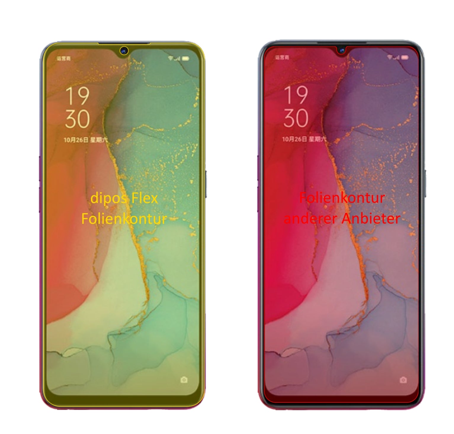 OppoReno3 mit aufgebrachter dipos Displayschutzfolie, glasklare Darstellung ohne Einschränkungen