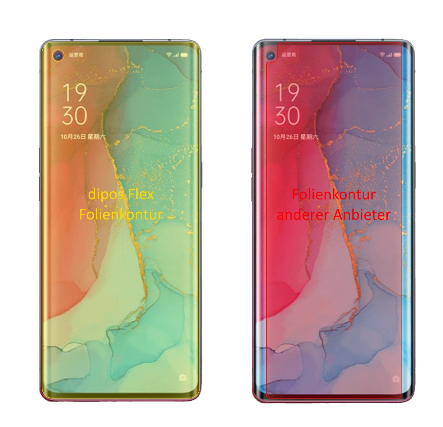 OppoReno3 Pro mit aufgebrachter dipos Displayschutzfolie, glasklare Darstellung ohne Einschränkungen