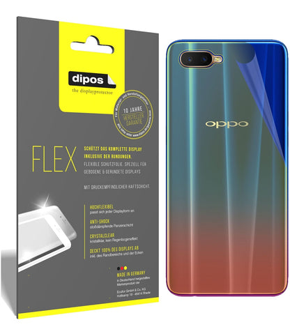 OppoR15x Rückseite mit aufgebrachter dipos Displayschutzfolie, glasklare Darstellung ohne Einschränkungen