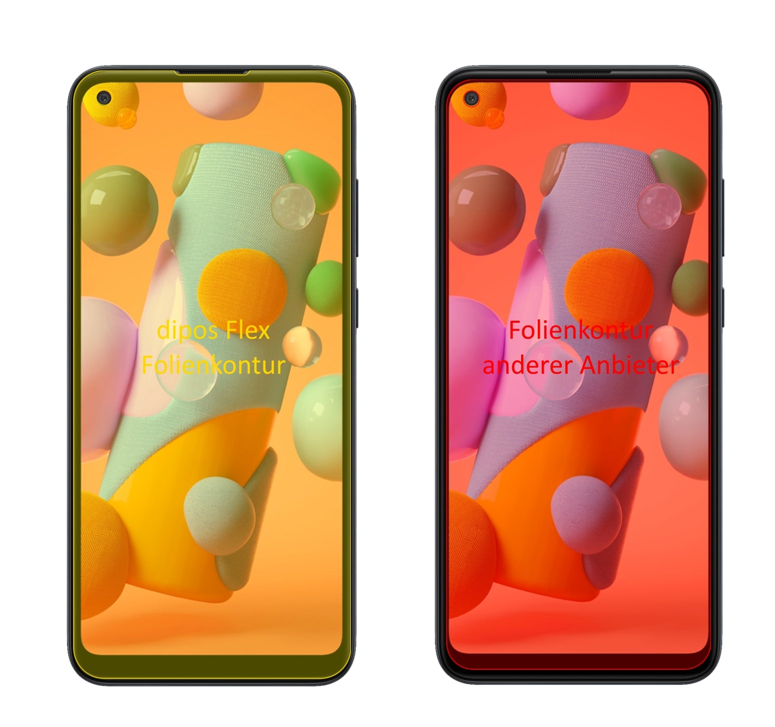 SamsungGalaxy A11 mit aufgebrachter dipos Displayschutzfolie, glasklare Darstellung ohne Einschränkungen