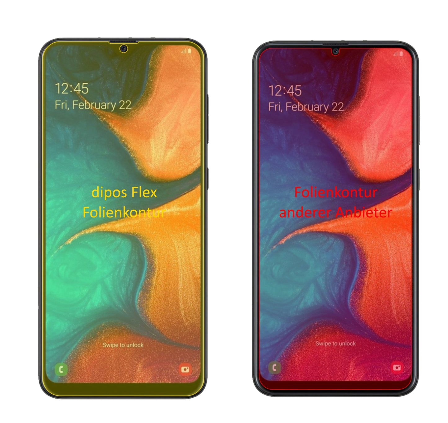 SamsungGalaxy A20 mit aufgebrachter dipos Displayschutzfolie, glasklare Darstellung ohne Einschränkungen