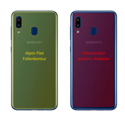 SamsungGalaxy A20 Rückseite mit aufgebrachter dipos Displayschutzfolie, glasklare Darstellung ohne Einschränkungen