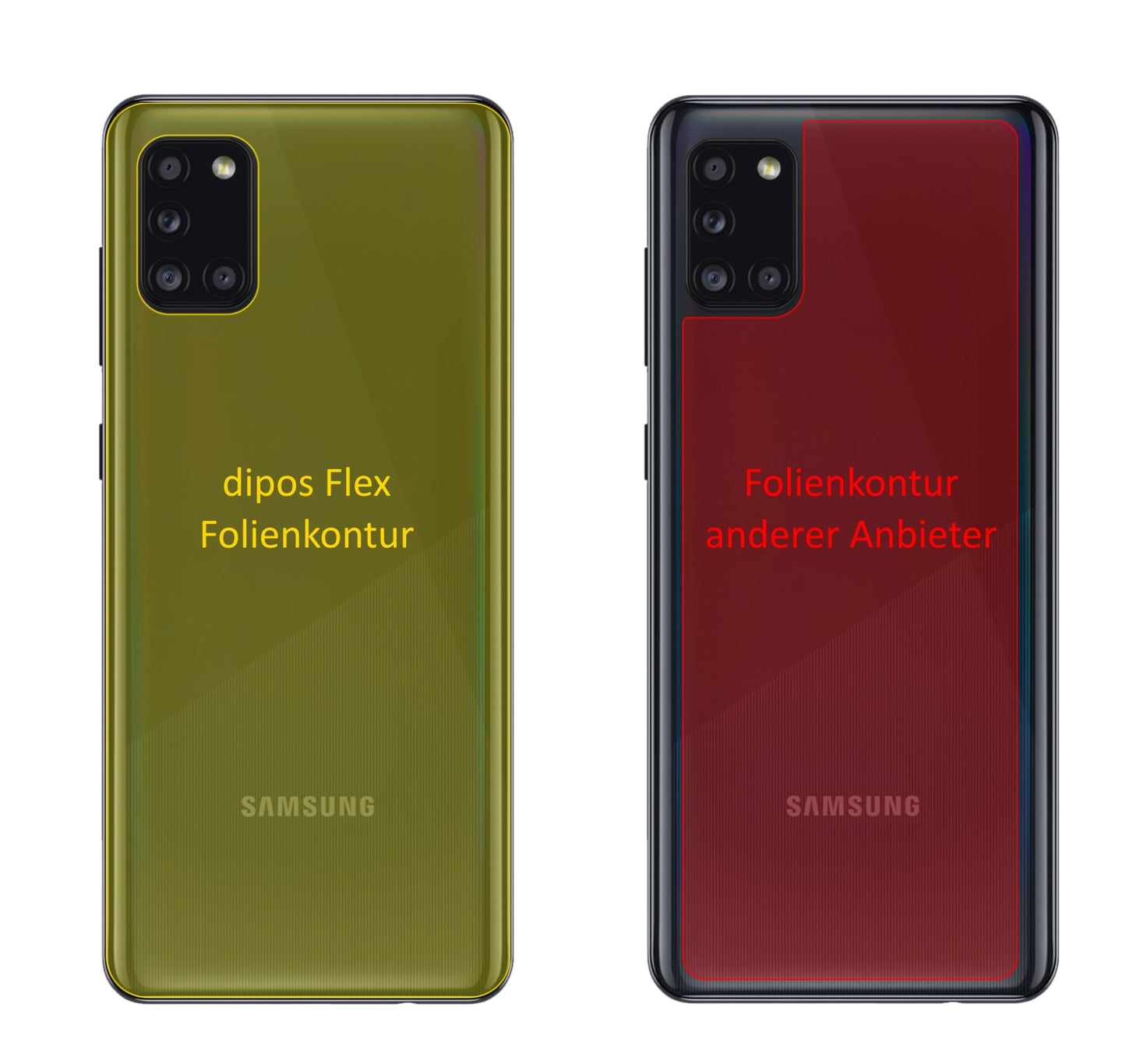 SamsungGalaxy A31 Rückseite mit aufgebrachter dipos Displayschutzfolie, glasklare Darstellung ohne Einschränkungen
