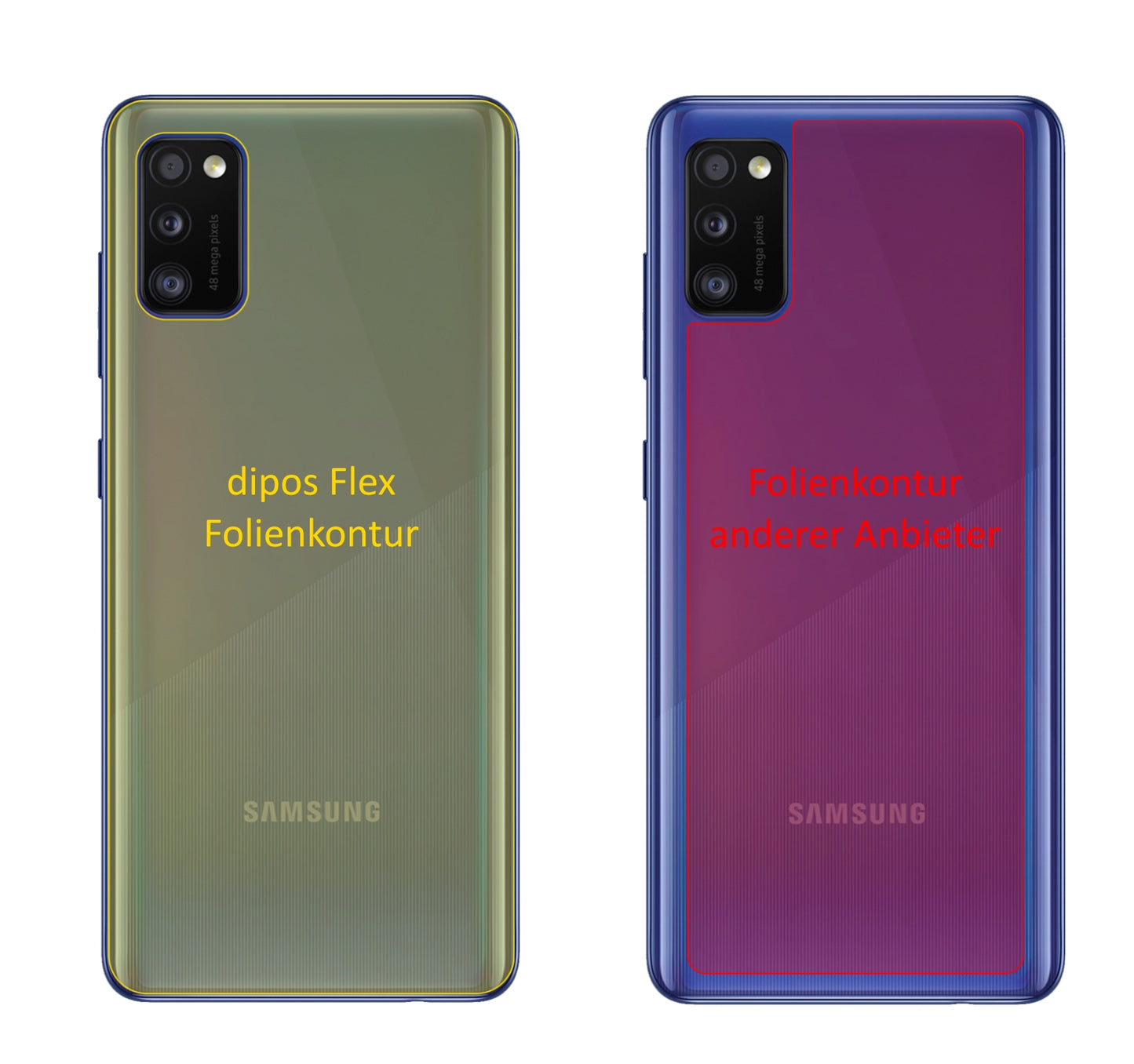 SamsungGalaxy A41 Rückseite mit aufgebrachter dipos Displayschutzfolie, glasklare Darstellung ohne Einschränkungen