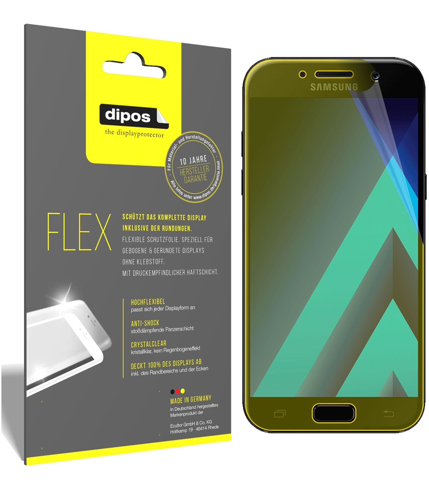 SamsungGalaxy A5 (2017) mit aufgebrachter dipos Displayschutzfolie, glasklare Darstellung ohne Einschränkungen