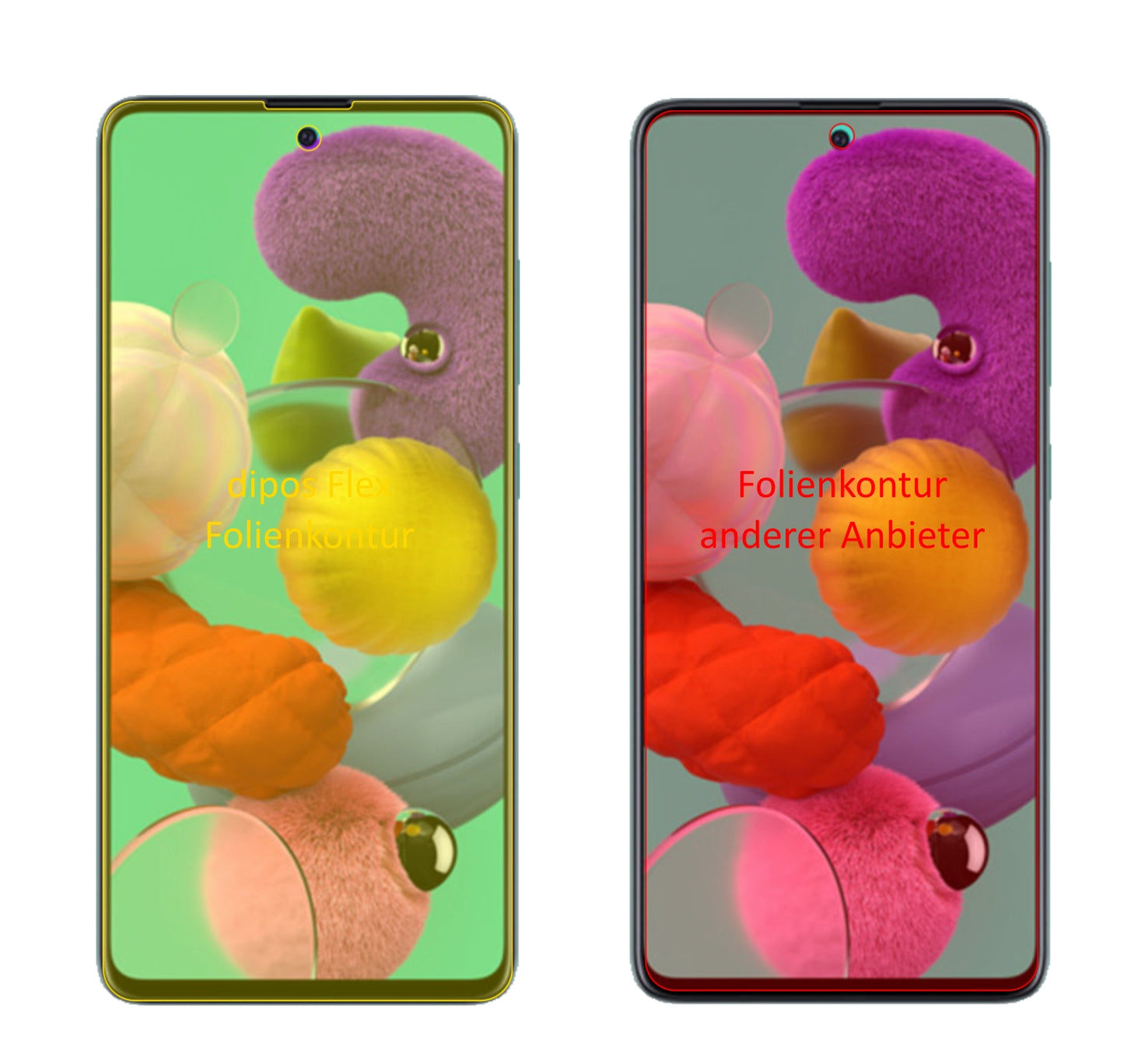 SamsungGalaxy A51 mit aufgebrachter dipos Displayschutzfolie, glasklare Darstellung ohne Einschränkungen