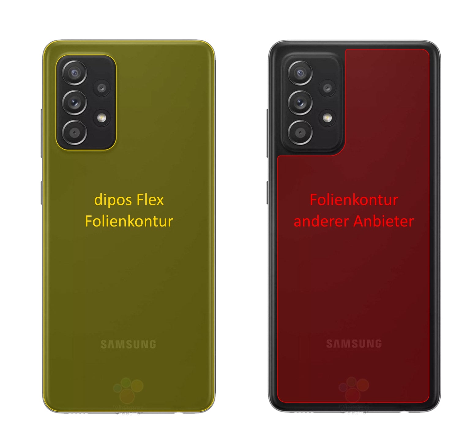SamsungGalaxy A52s 5G Rückseite mit aufgebrachter dipos Displayschutzfolie, glasklare Darstellung ohne Einschränkungen