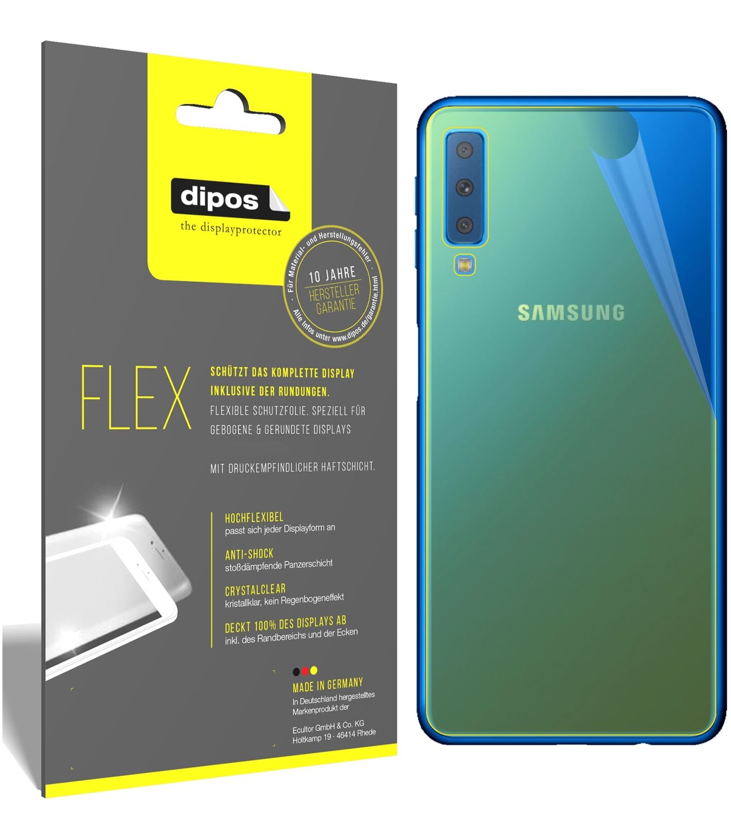 SamsungGalaxy A7 (2018) Rückseite mit aufgebrachter dipos Displayschutzfolie, glasklare Darstellung ohne Einschränkungen