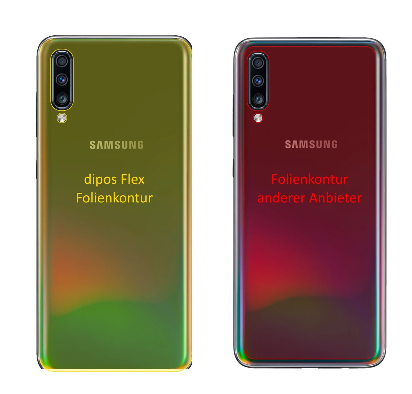 SamsungGalaxy A70 Rückseite mit aufgebrachter dipos Displayschutzfolie, glasklare Darstellung ohne Einschränkungen