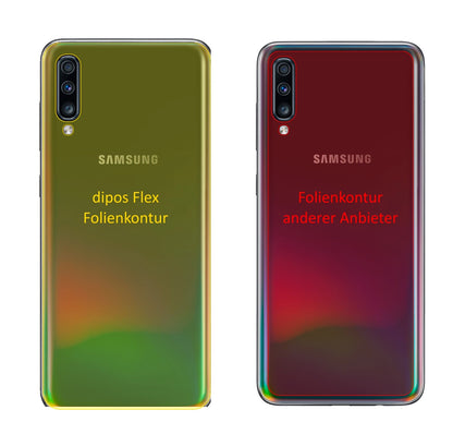 SamsungGalaxy A70 Rückseite mit aufgebrachter dipos Displayschutzfolie, glasklare Darstellung ohne Einschränkungen