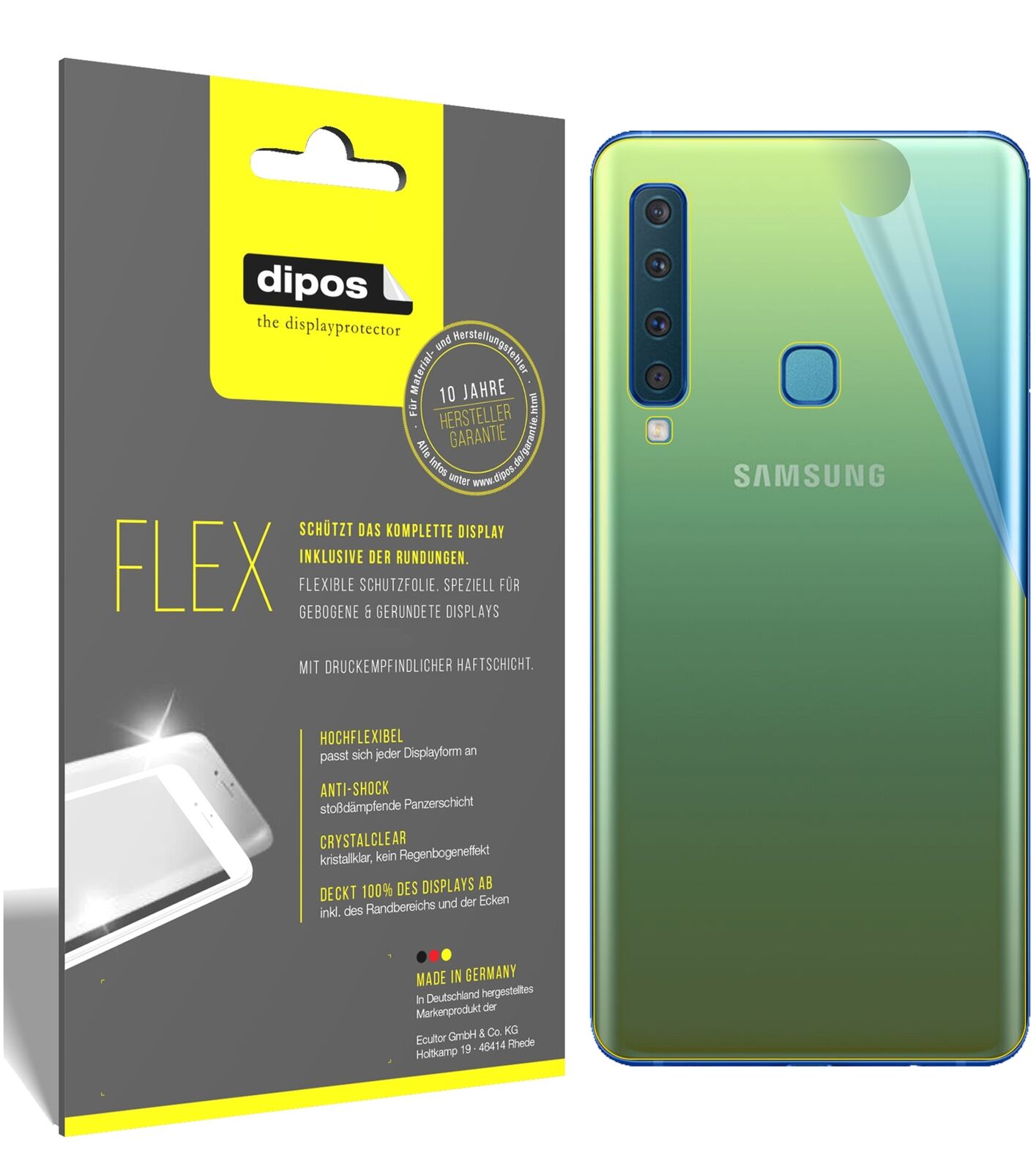 SamsungGalaxy A9 (2018) Rückseite mit aufgebrachter dipos Displayschutzfolie, glasklare Darstellung ohne Einschränkungen