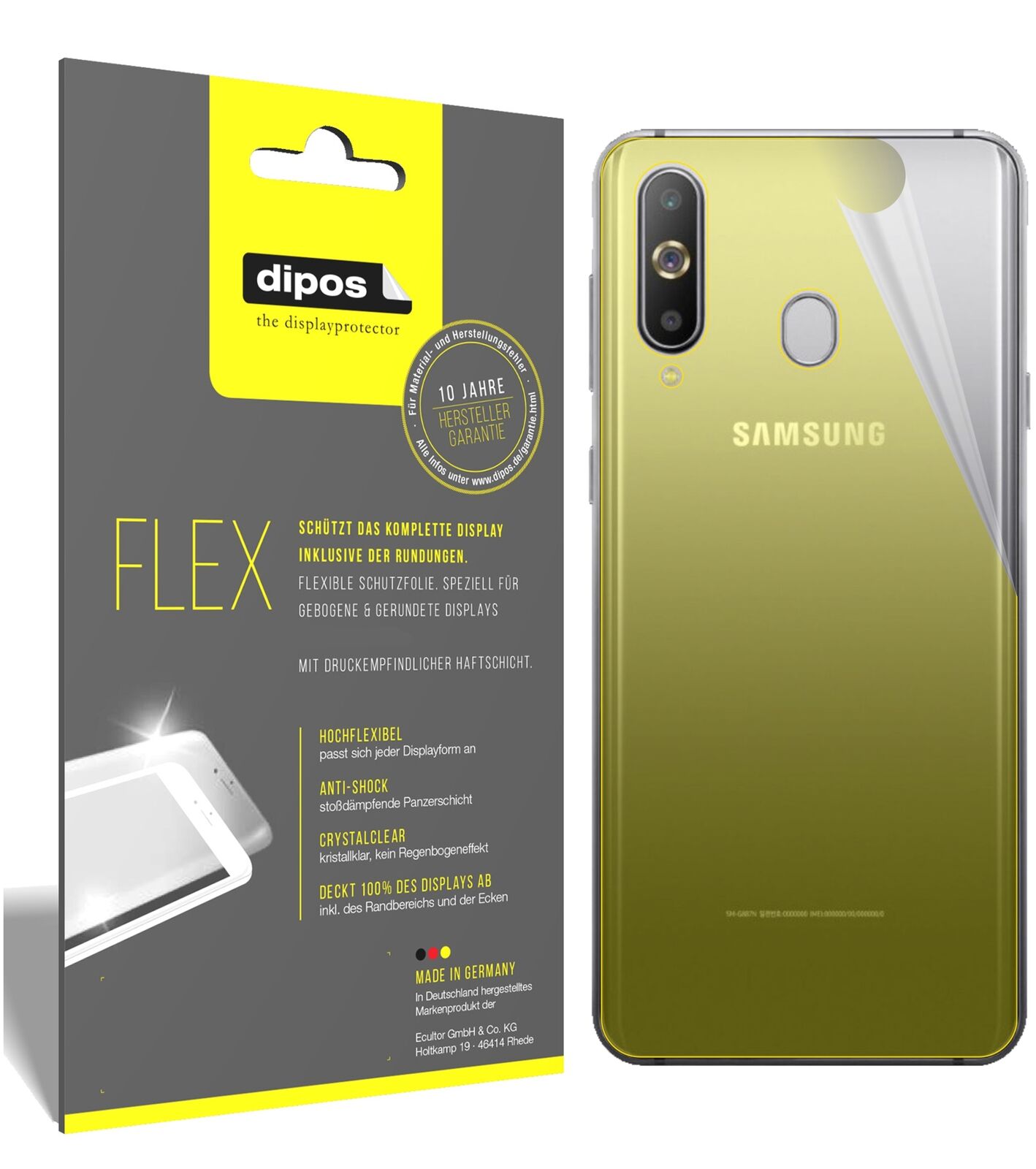 SamsungGalaxy A9 Pro (2019) Rückseite mit aufgebrachter dipos Displayschutzfolie, glasklare Darstellung ohne Einschränkungen