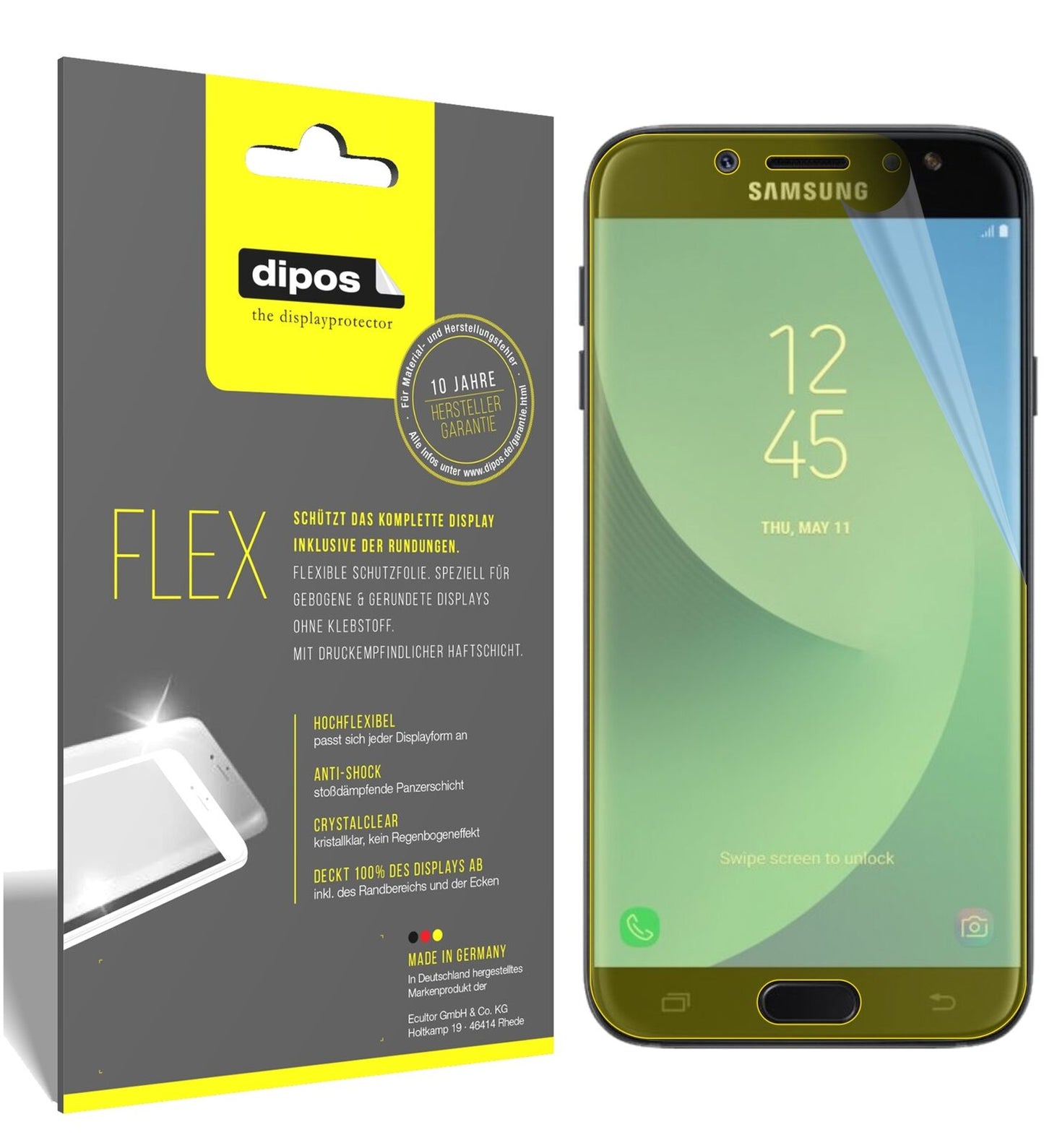 SamsungGalaxy J7 Pro mit aufgebrachter dipos Displayschutzfolie, glasklare Darstellung ohne Einschränkungen