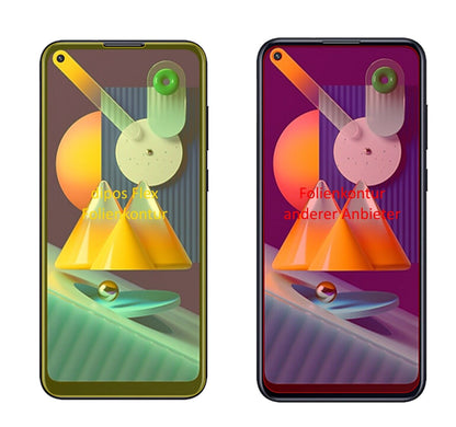 SamsungGalaxy M11 mit aufgebrachter dipos Displayschutzfolie, glasklare Darstellung ohne Einschränkungen