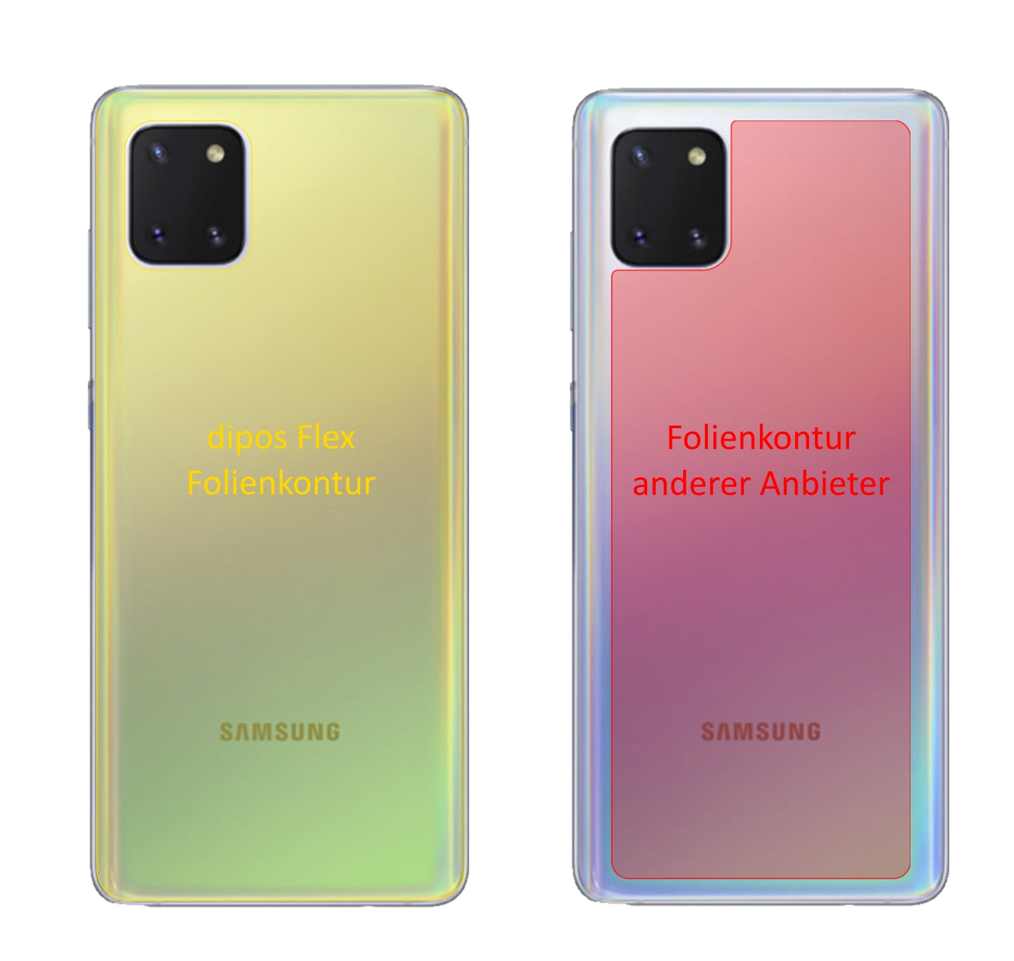 SamsungGalaxy Note 10 Lite Rückseite mit aufgebrachter dipos Displayschutzfolie, glasklare Darstellung ohne Einschränkungen