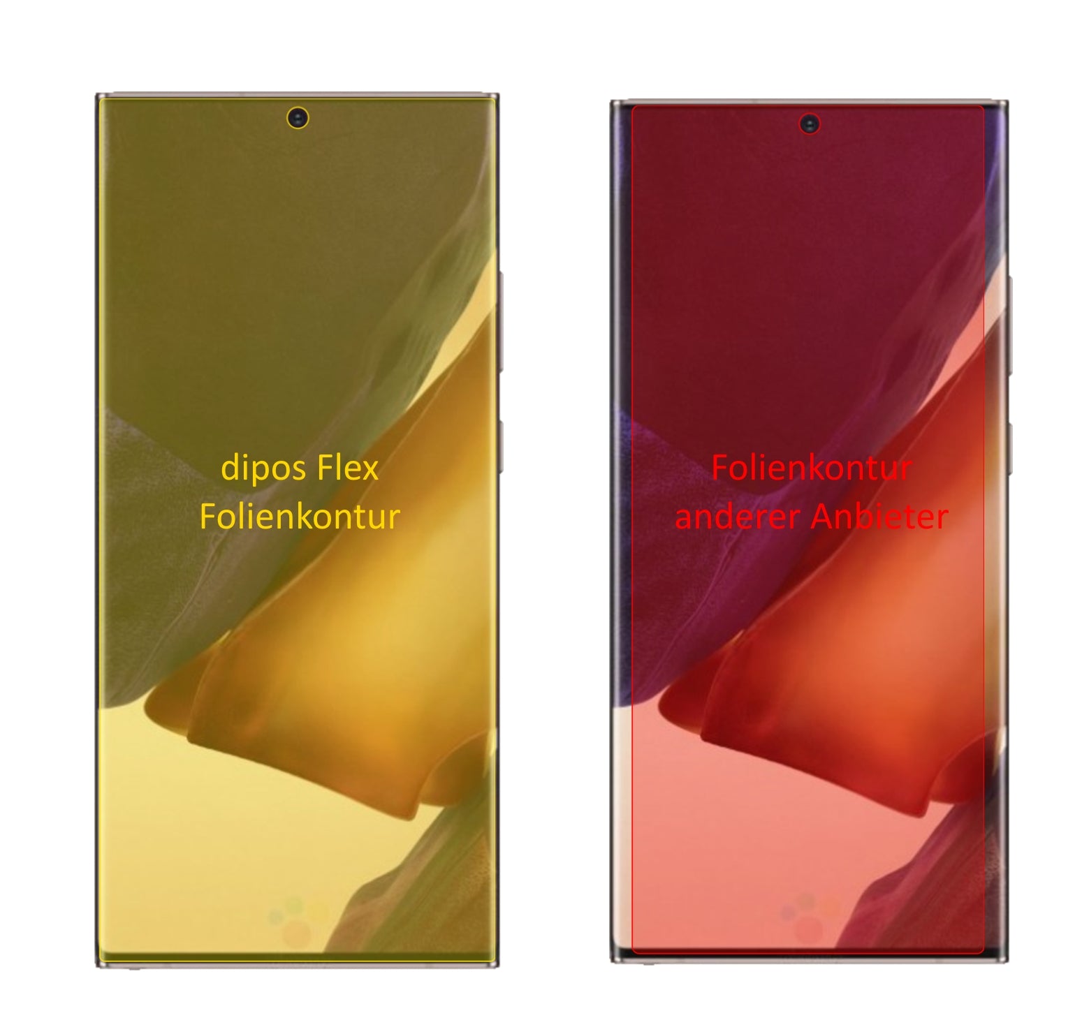 SamsungGalaxy Note 20 mit aufgebrachter dipos Displayschutzfolie, glasklare Darstellung ohne Einschränkungen
