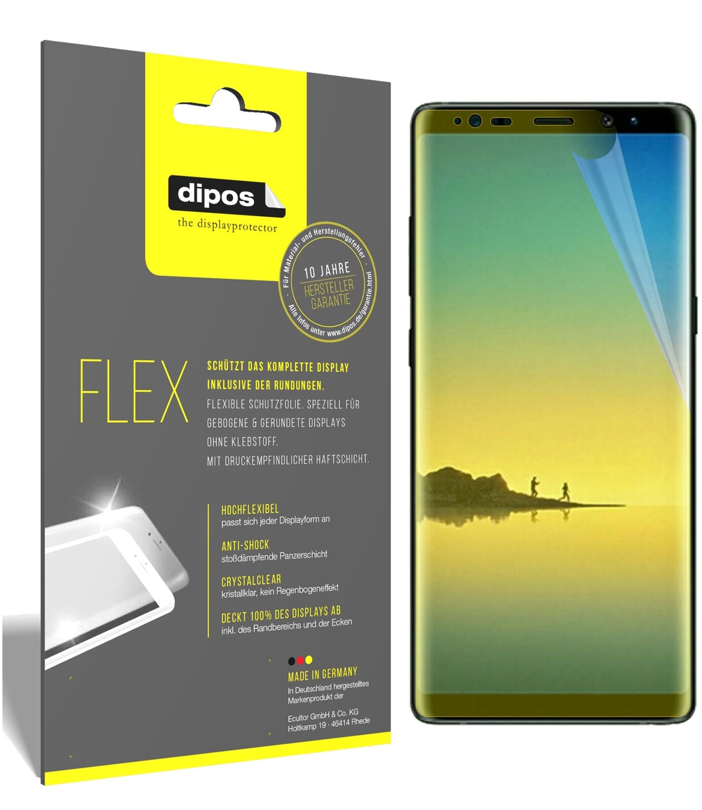 SamsungGalaxy Note 8 mit aufgebrachter dipos Displayschutzfolie, glasklare Darstellung ohne Einschränkungen
