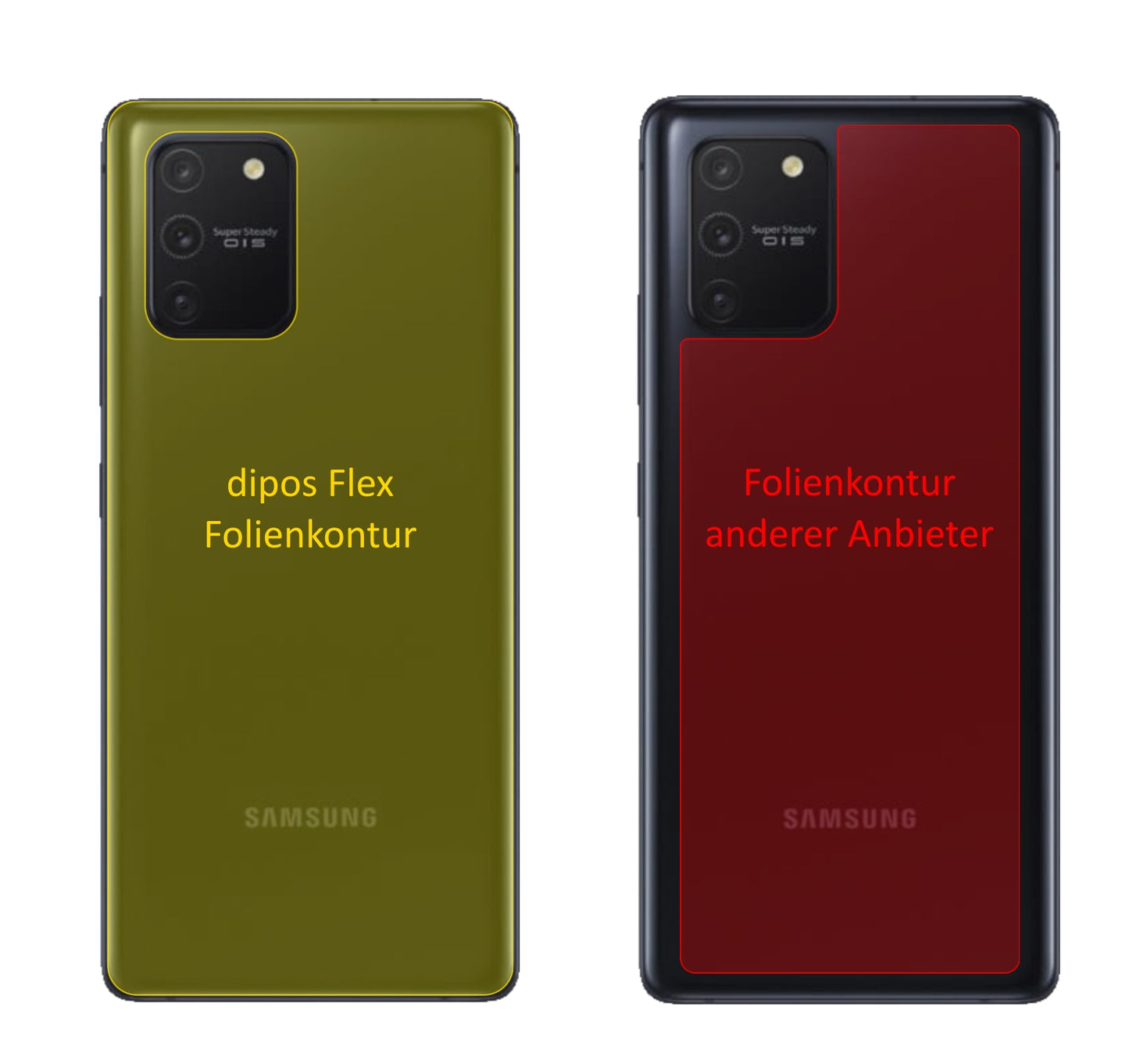 SamsungGalaxy S10 Lite Rückseite mit aufgebrachter dipos Displayschutzfolie, glasklare Darstellung ohne Einschränkungen