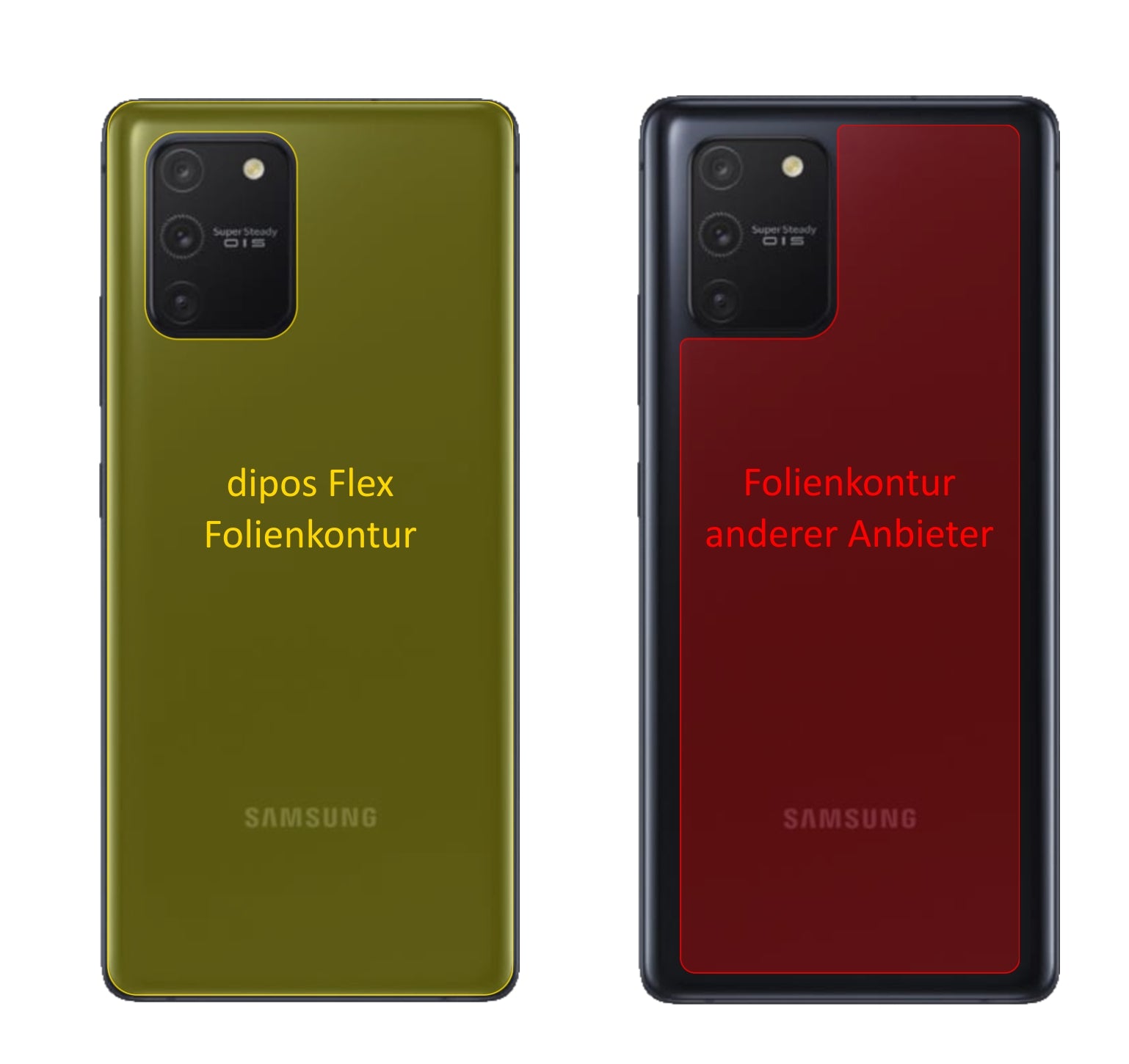 SamsungGalaxy S10 Lite Rückseite mit aufgebrachter dipos Displayschutzfolie, glasklare Darstellung ohne Einschränkungen