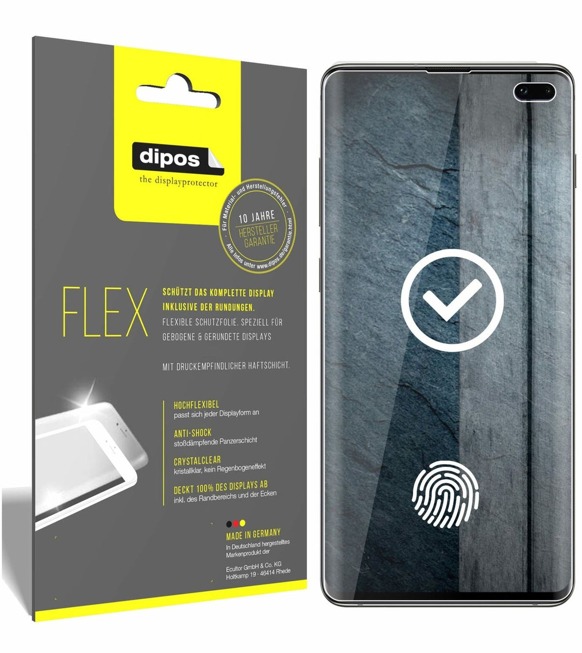 SamsungGalaxy S10 Plus mit aufgebrachter dipos Displayschutzfolie, glasklare Darstellung ohne Einschränkungen
