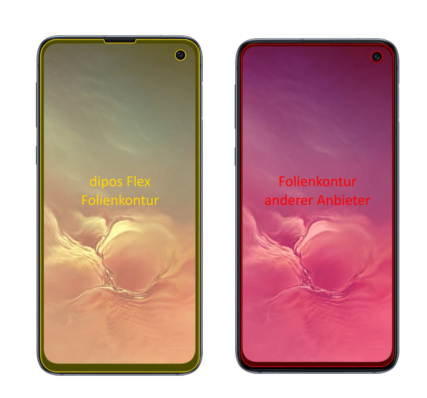SamsungGalaxy S10e mit aufgebrachter dipos Displayschutzfolie, glasklare Darstellung ohne Einschränkungen