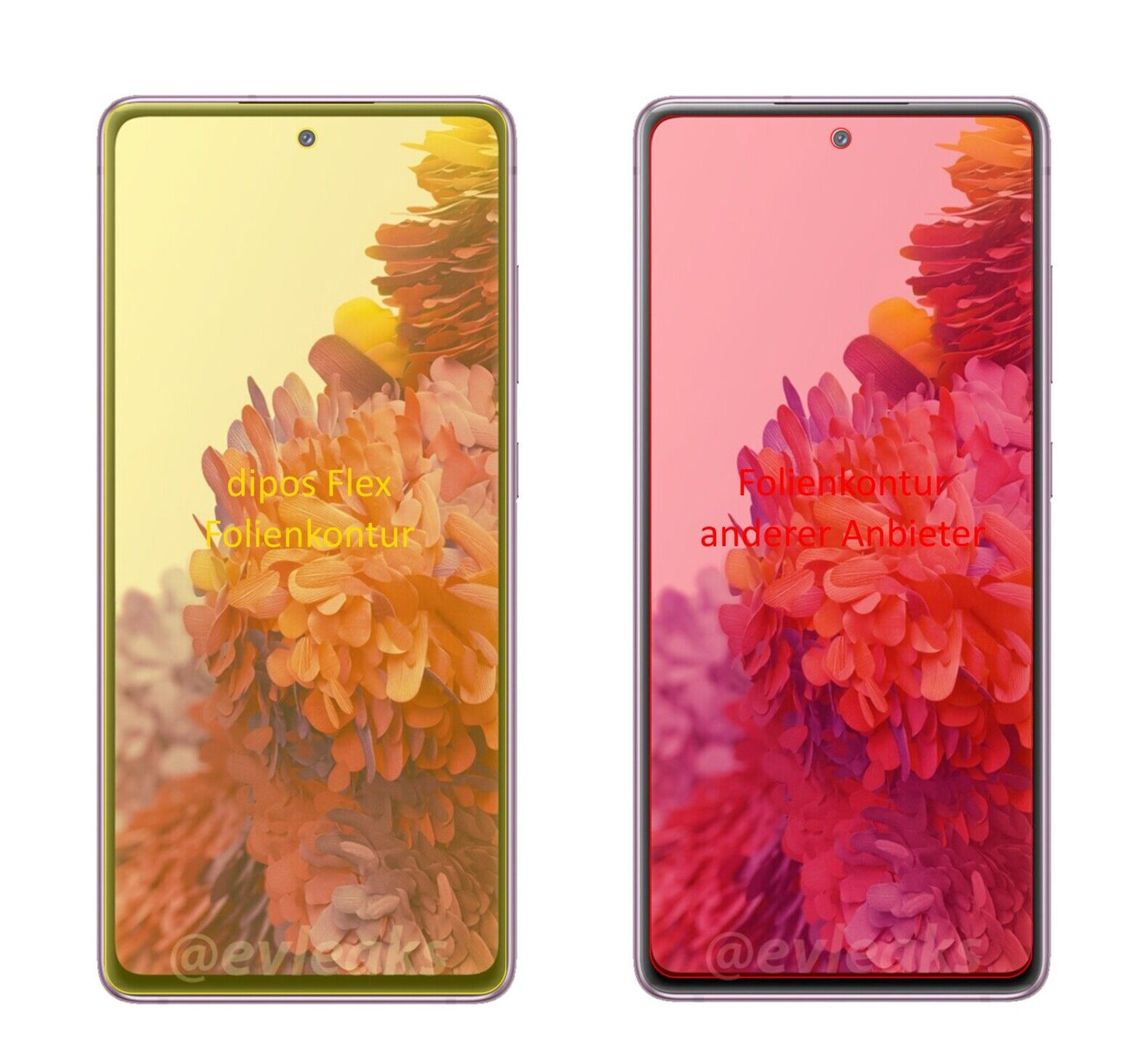 SamsungGalaxy S20 FE mit aufgebrachter dipos Displayschutzfolie, glasklare Darstellung ohne Einschränkungen