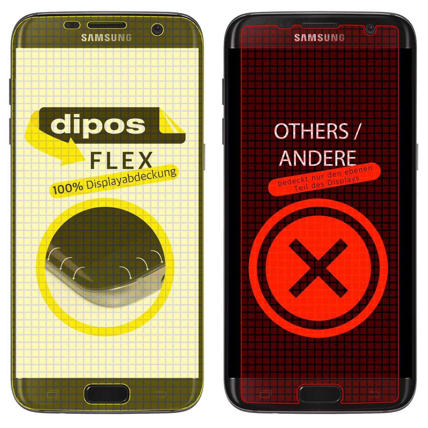 SamsungGalaxy S6 Edge mit aufgebrachter dipos Displayschutzfolie, glasklare Darstellung ohne Einschränkungen