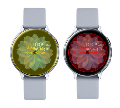 SamsungGalaxy Watch Active 2 44mm mit aufgebrachter dipos Displayschutzfolie, glasklare Darstellung ohne Einschränkungen