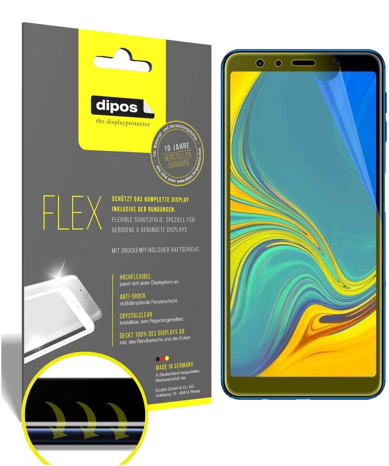 SamsungJ4 Core (2018) mit aufgebrachter dipos Displayschutzfolie, glasklare Darstellung ohne Einschränkungen