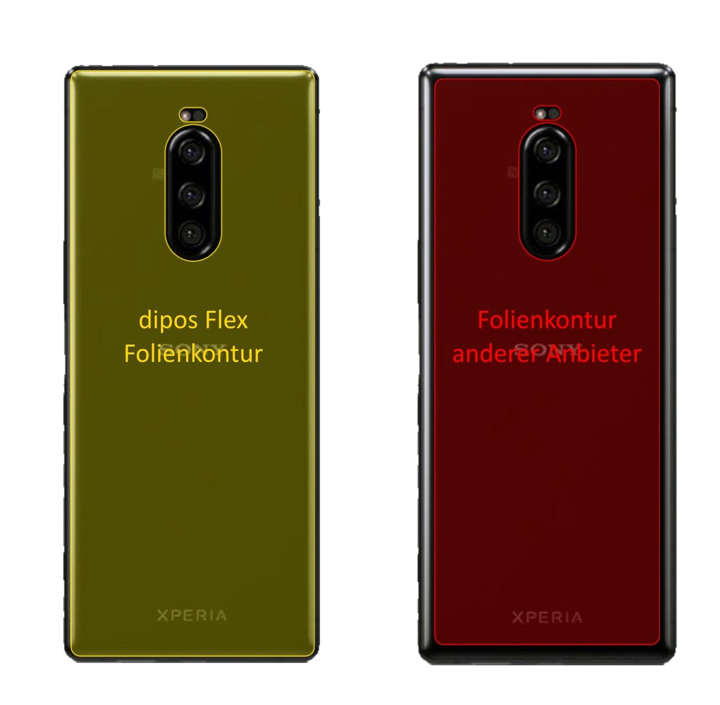 SonyXperia 1 Rückseite mit aufgebrachter dipos Displayschutzfolie, glasklare Darstellung ohne Einschränkungen
