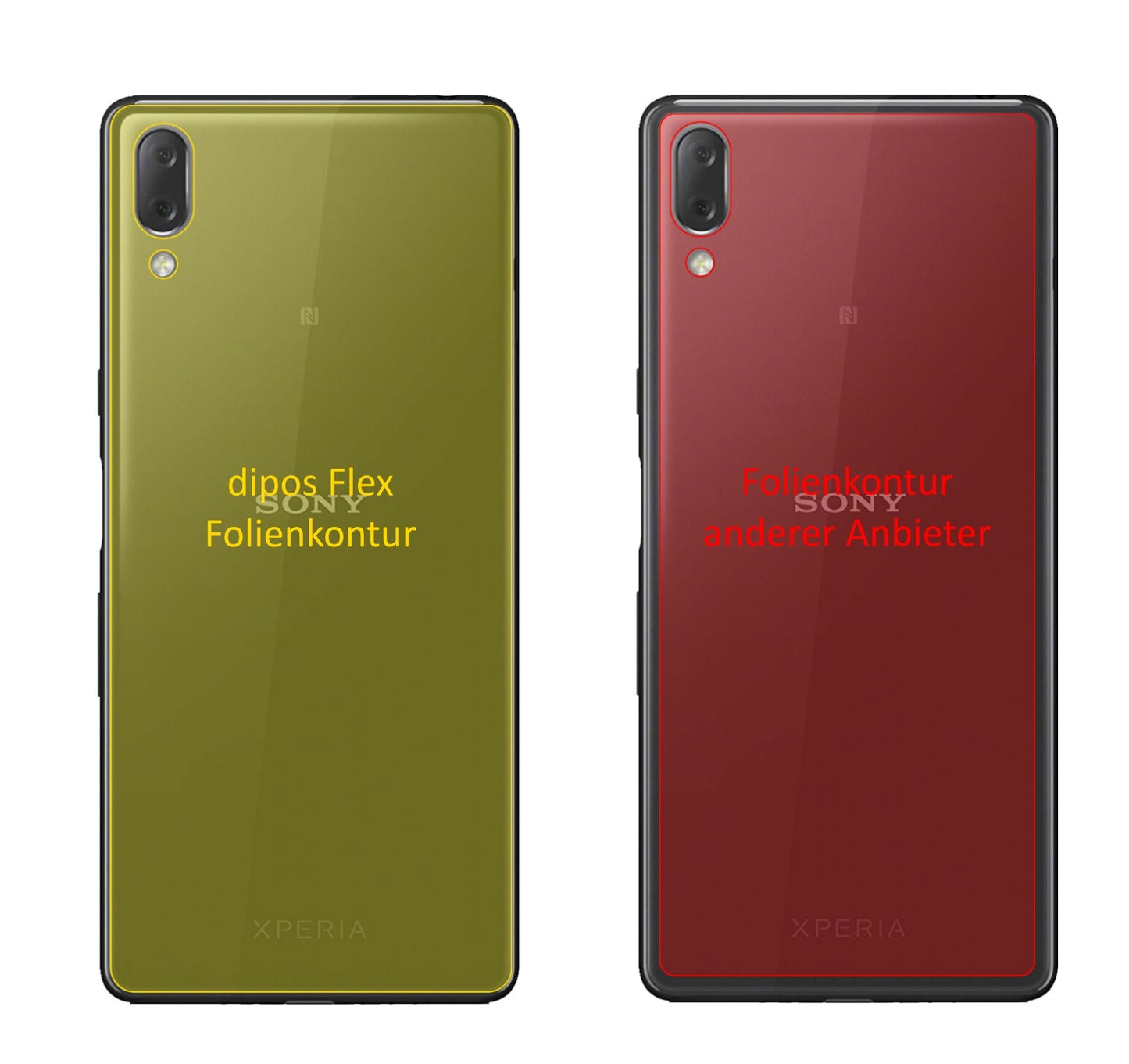 SonyXperia L3 Rückseite mit aufgebrachter dipos Displayschutzfolie, glasklare Darstellung ohne Einschränkungen