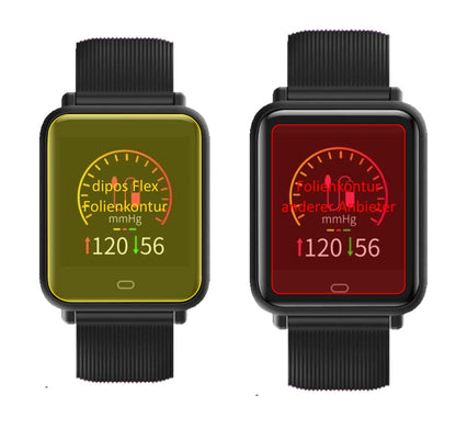 TagoBeeTB08 Smartwatch mit aufgebrachter dipos Displayschutzfolie, glasklare Darstellung ohne Einschränkungen