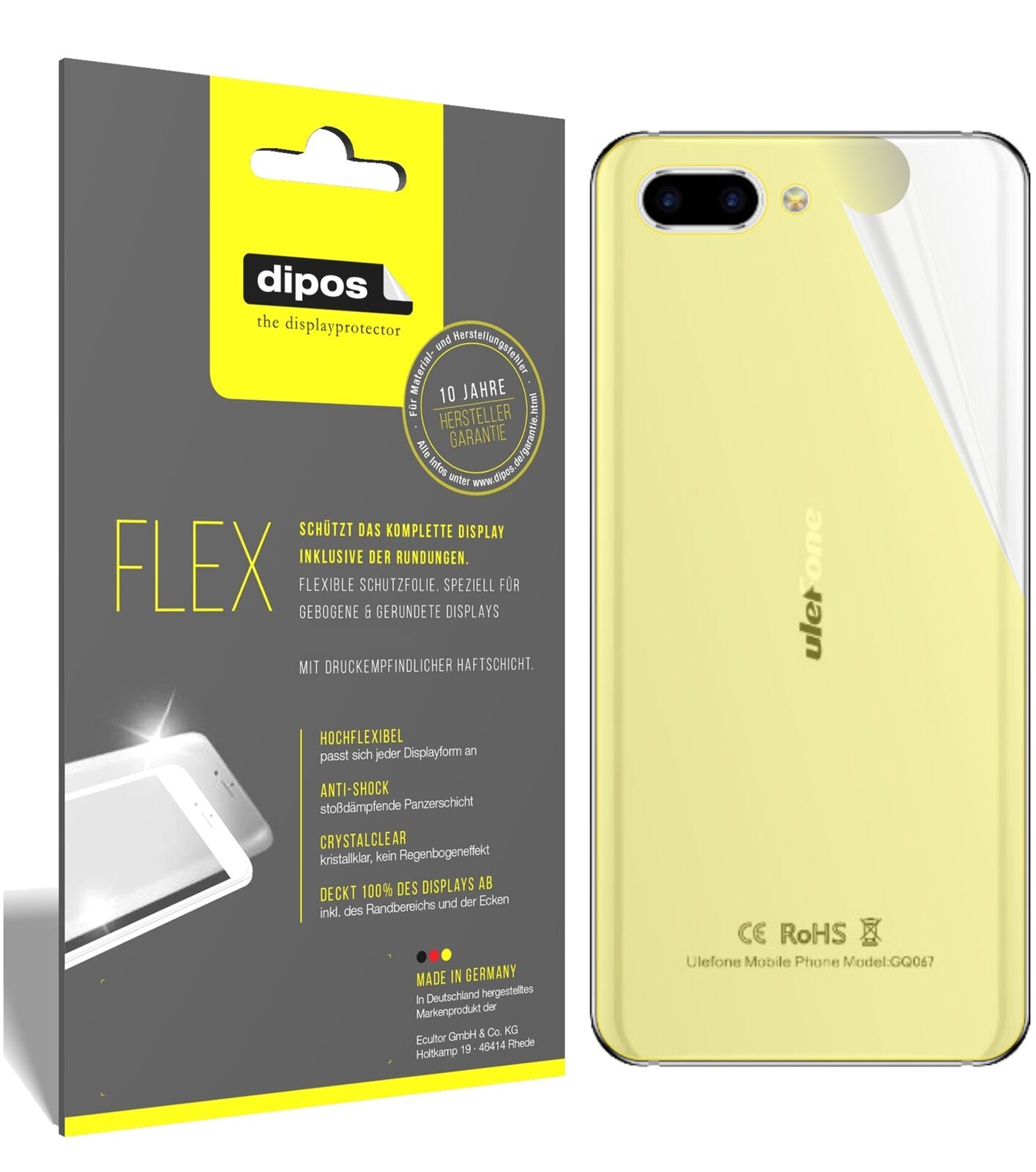 UlefoneT2 Pro Rückseite mit aufgebrachter dipos Displayschutzfolie, glasklare Darstellung ohne Einschränkungen
