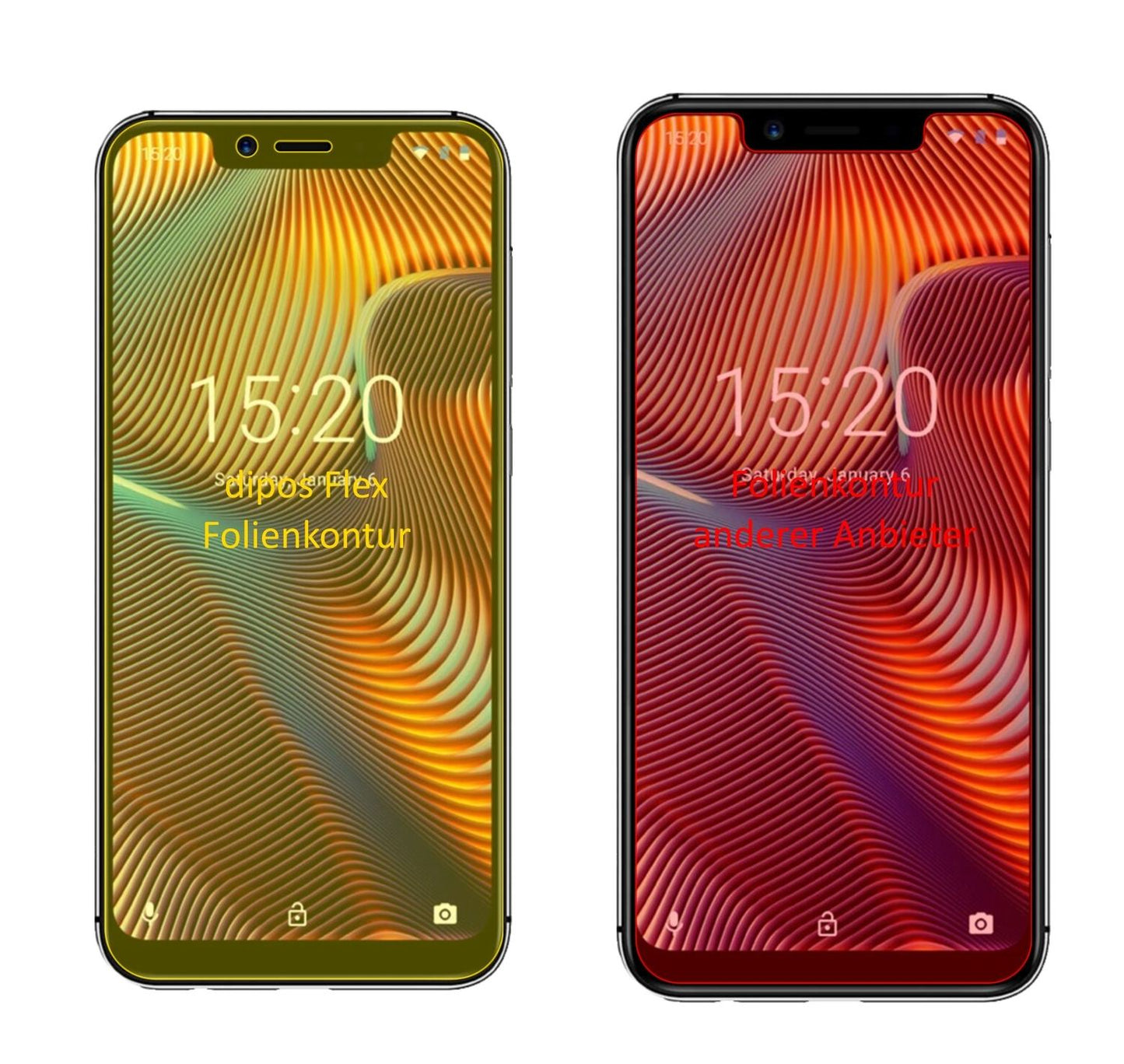 UmidigiA3 Pro (2018) mit aufgebrachter dipos Displayschutzfolie, glasklare Darstellung ohne Einschränkungen