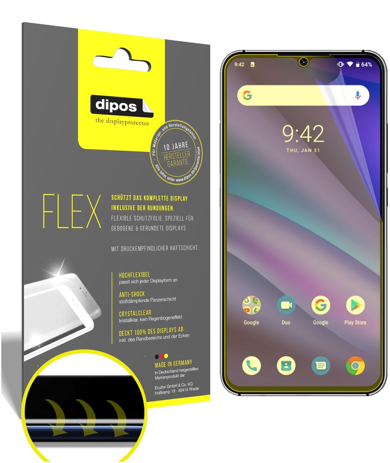 UmidigiA5 Pro mit aufgebrachter dipos Displayschutzfolie, glasklare Darstellung ohne Einschränkungen